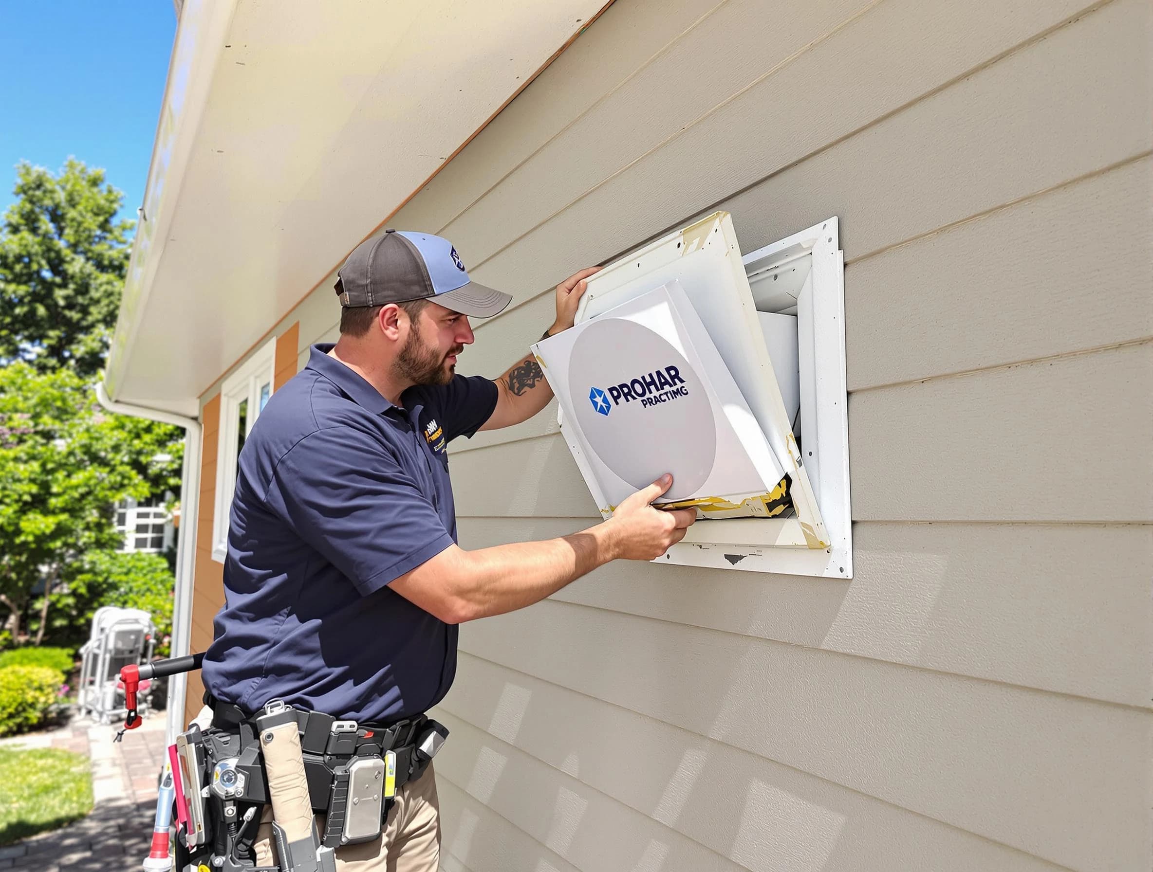 Belmont Dryer Vent Cleaning technician installing a new protective dryer vent cover on a home in Belmont