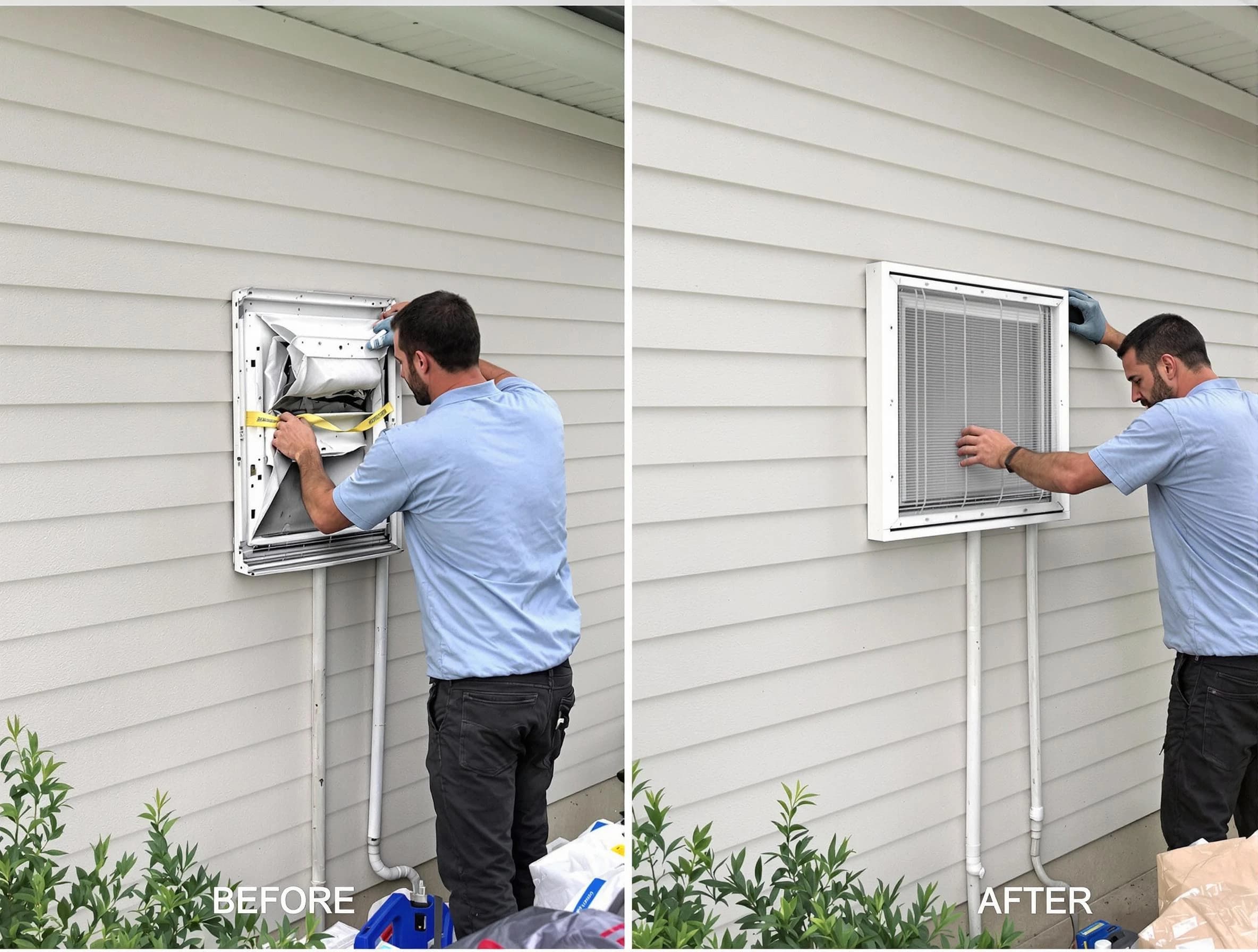 Belmont Dryer Vent Cleaning technician installing high-quality dryer vent cover at a residential property in Belmont