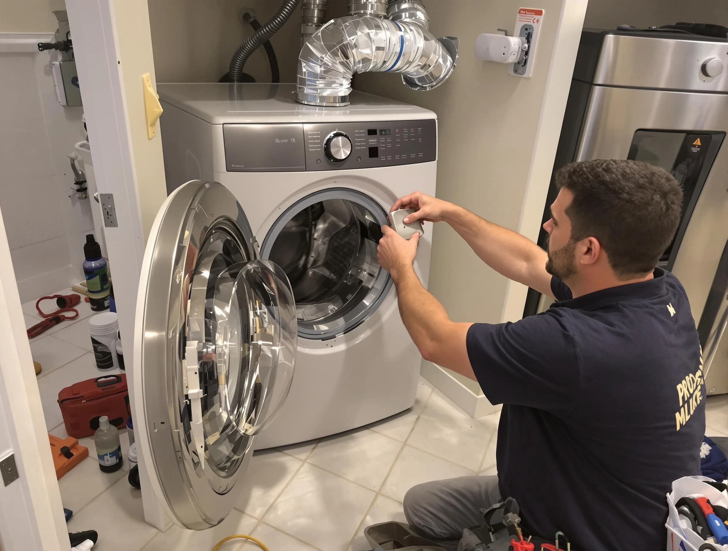 Belmont Dryer Vent Cleaning technician performing precise dryer vent hose installation in Belmont
