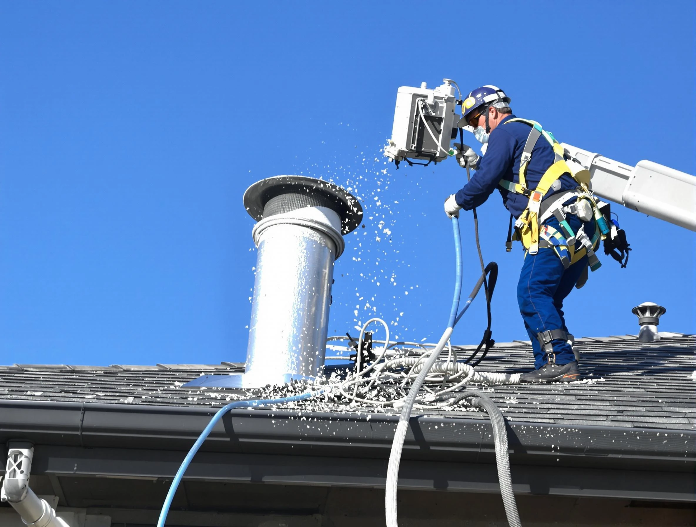 Belmont Dryer Vent Cleaning certified technician safely cleaning a roof-mounted dryer vent in Belmont